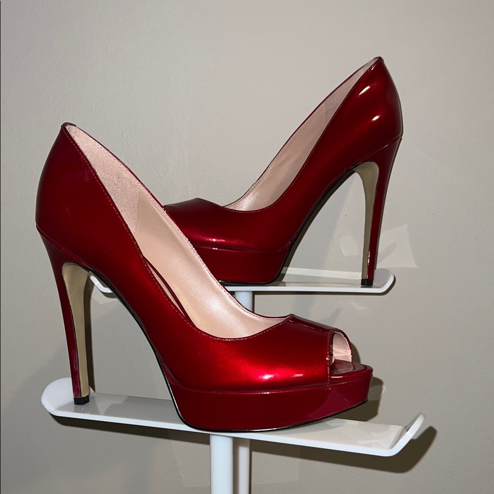 Enzo Angiolini Glossy Crimson Peep-Toe Heels